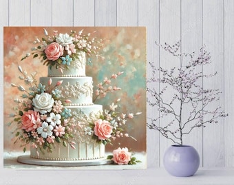Painting of a three-tiered cake, artfully decorated with delicate, pastel-colored flowers, DIGITAL