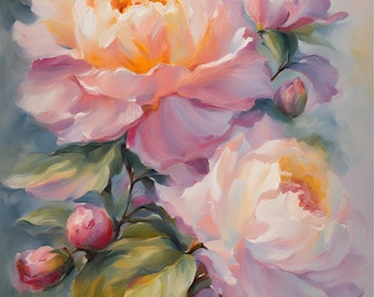 Romantic flower oil painting – peonies in pastel colors, digital art for download, DIGITAL