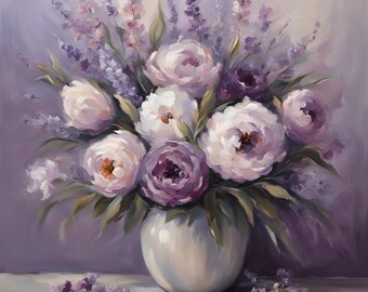 Elegant floral still life: purple and white flowers in classic style, DIGITAL, download