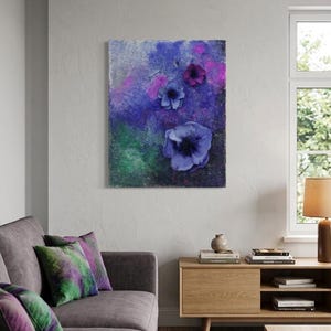 Originelles 3D Blüten Kunstwerk / Modernes florales Gemälde in Lila & Blau / Strukturierte Wandkunst Natur / Exklusive Mixed Media Malerei