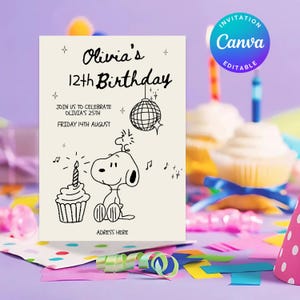 Editable Cute Dog Birthday Invitation, Minimal Cartoon Puppy Party Template, Printable Canva Invite for Kids' Celebration or Girls' Party