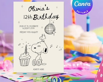 Könnte beinhalten: Eine Schwarzweißillustration von Snoopy, der einen Partyhut trägt und einen Cupcake mit einer Kerze hält. Der Text lautet "Olivia's 12th Birthday" und "Join us to celebrate Olivia's 25th Friday 14th August".
