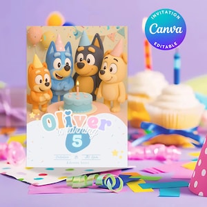 Editable birthday invite template, Blue cartoon dog family theme, Pastel kids party, Boy Girl Puppy Digital Download