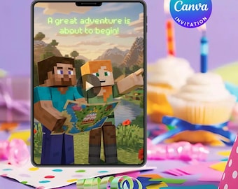Videoeinladung zum Blockabenteuer, Voxel-Party-Vorlage, digitaler Download für Canva