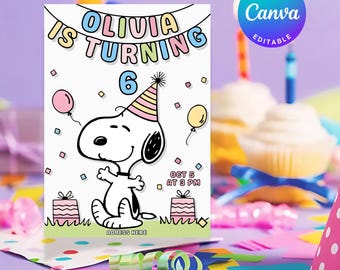 Könnte beinhalten: Eine Geburtstagseinladung mit Snoopy mit Partyhut. Die Einladung lautet "Olivia wird 6" mit Datum und Uhrzeit der Party. Rosa und gelbe Luftballons und Geschenkboxen schmücken die Karte.