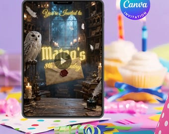 Convite de aniversário em vídeo com tema de bruxo, festa mágica de fantasia, modelo editável do Canva (download digital)