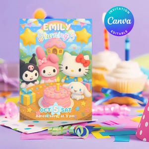 Kitty and friends birthday invitation template, DIGITAL editable and printable invitation, girl&#39;s birthday party, kawaii invitation