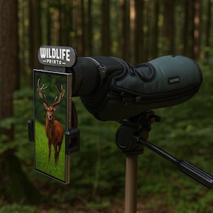 Op de afbeelding: Een spotting scope met een smartphone eraan bevestigd, met een afbeelding van een hert. De scope is bedekt met donkergroene stof en gemonteerd op een statief. De tekst "WILDLIFE -PRINTS-" staat boven de telefoon. De achtergrond is een bos.