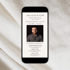 Muslim Funeral Invite, Digital Funeral Invitation, Janaza Announcement Template, Muslim Burial Evite, Azza Template Islamic, Electronic