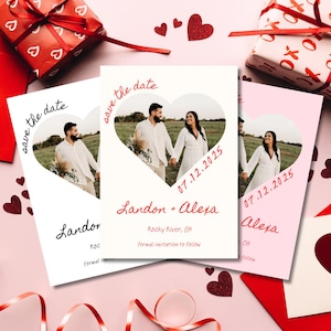 May include: Save the date card with a heart-shaped photo of a couple in a field. The text reads "Save the date" in red cursive, "Landon + Alexa" in black cursive, and "07.12.2025" in red. The location "Rocky River, OH" and "formal invitation to follow" are also included.