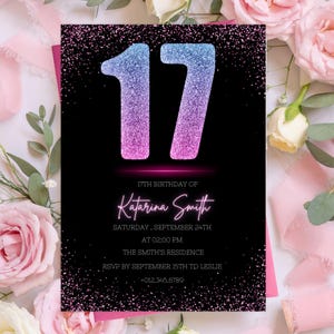 Bearbeitbare 17.Geburtstags-Einladungskarte Siebzehnter Tag Mädchen 17.Tag Teenager-Einladung Neon Confetti Glitters Pink, Blau und Schwarz PXHER33