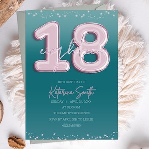 Carte d'invitation modifiable pour 18e anniversaire de fille de 18 jours, invitation moderne 18e jour, confettis bleu canard chic, paillettes turquoise turquoise PXHER20