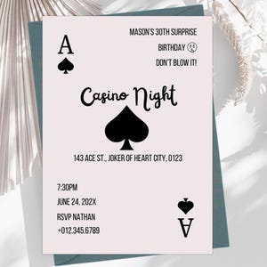 Invitation tendance minimaliste, invitation de poker de casino, invitation de soirée imprimable As Card pour la soirée de poker de Vegas, événement sur le thème du casino PXHIM12