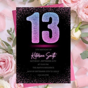 Bearbeitbare 13. Geburtstagseinladungskarte Dreizehnter Tag Mädchen 13.Tag Teenager-Einladung Neon Confetti Glitters Pink, Blau und Schwarz PXHER10