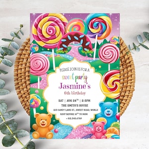 Invito di compleanno a tema Candyland, invito modificabile e stampabile per la festa di Candyland per ragazze, invito digitale a tema dolce caramella, compleanno PXHER66