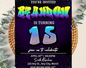 Faire-part 15e anniversaire garçon | Invitation Bruh You | Invitation à une soirée à thème néon pour adolescents | Ados Graffiti Design créatif PXHIM52