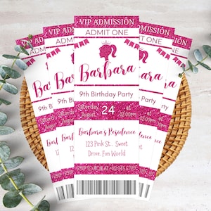 Bearbeitbare Rosa Royal Prinzessin Geburtstagseinladung Puppe Thema Party Ticket Gutschein Eintritt Stub Style Printable Sofort Download TKTX02