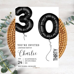 30th Minimalist Birthday Invitation Card Elegant Simply Party Invite Customizable Modern Design Black and White Invitation PXHER58