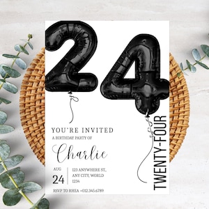 24th Minimalist Birthday Invitation Card Elegant Simply Party Invite Customizable Modern Design Black and White Invitation PXHER53