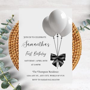Editable Bow Black and White Invitation, Black Bow Birthday Invitation, Coquette Black Bow Invitation, Bows Balloons Black White PXHER73