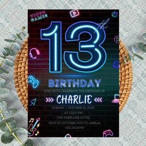 13th Birthday Invitation for Boy | Neon Theme Party Invite | Glow Party | Neon Lights | Teens Invitation | Editable Digital Download PXHIM18