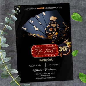 Tarjeta de invitación para una noche de póquer Tarjeta de invitación de cumpleaños Naipes de casino Ace of Speed Poker Party Tarjeta de cumpleaños imprimible para casino PXHIM08