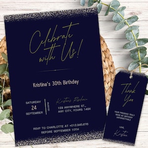 Tarjeta de invitación de cumpleaños minimalista, elegante y sencilla, diseño moderno personalizable, invitación azul marino, invitación dorada PXHER03