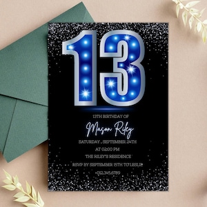 Bearbeitbare 13-Geburtstags-Einladungskarte Dreizehnter Tag Jungen 13-te-Tag-Teenager-Einladung Glitzert Blau und Schwarz mit Silber Dreizehn PXHIM10