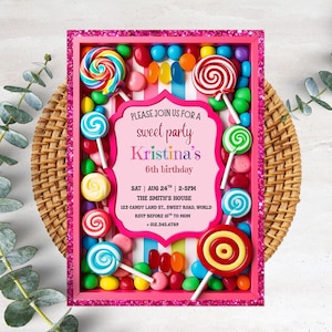 Invito di compleanno a tema Candyland, invito modificabile e stampabile per la festa di Candyland per ragazze, invito digitale a tema dolce caramella, compleanno PXHER69