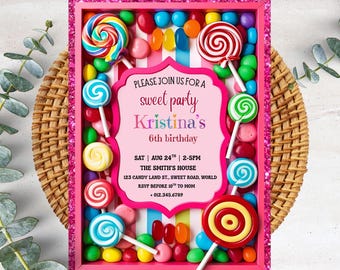 Candyland Geburtstagseinladung, bearbeitbar und druckbar Candyland Party einladen für Mädchen, süßes Candy-Thema Digitale Einladung, Geburtstag PXHER69