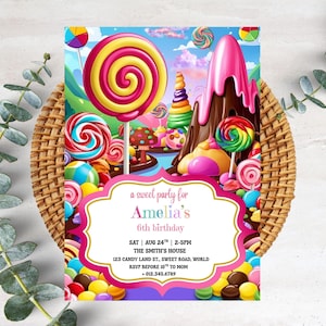 Invito di compleanno a tema Candyland, invito modificabile e stampabile per la festa di Candyland per ragazze, invito digitale a tema dolce caramella, compleanno PXHER71