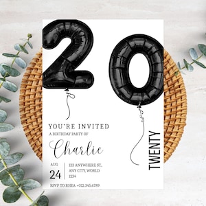 Carte d'invitation minimaliste pour 20e anniversaire, élégante, simple invitation à une fête, invitation personnalisable en noir et blanc au design moderne PXHER60