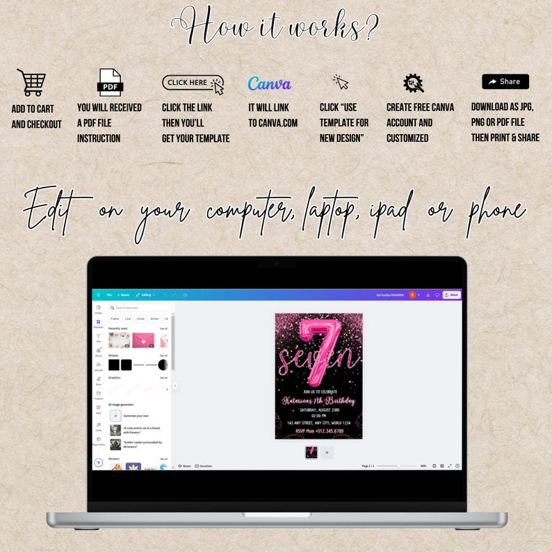 Editable 7th Birthday Invitation Card Pink and Black Foil Pastel ...