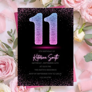 Bearbeitbare 11. Geburtstag Einladungskarte Elfter Tag Mädchen 11. Tag Teenager Einladung Neon Confetti Glitters Pink, Blau und Schwarz PXHER16