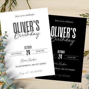 Tarjeta de invitación de cumpleaños minimalista en blanco y negro, diseño personalizado elegante y sencillo, plantillas de Canva imprimibles en azul real PXHIM04