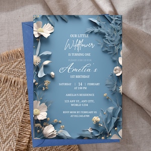 Convite floral editável para 1º aniversário Cartão floral de aniversário com flores silvestres Convite para festa Festa no jardim Convite para aniversário de qualquer idade PXHER14