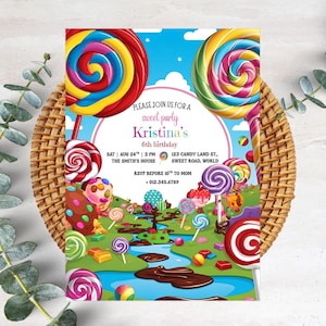 Invito di compleanno a tema Candyland, invito modificabile e stampabile per la festa di Candyland per ragazze, invito digitale a tema dolce caramella, compleanno PXHER67