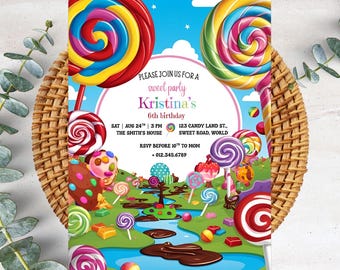 Candyland Geburtstagseinladung, bearbeitbar und druckbar Candyland Party einladen für Mädchen, süßes Candy-Thema Digitale Einladung, Geburtstag PXHER67