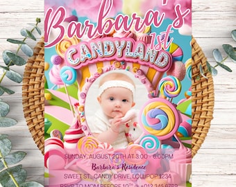 Candyland Geburtstagseinladung, bearbeitbar und druckbar Candyland Party einladen für Mädchen, süßes Candy-Thema Digitale Einladung, Geburtstag PXHER42
