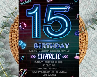 Faire-part 15e anniversaire garçon | Invitation soirée à thème néon | Fête lumineuse | Néons | Invitation pour ados | Téléchargement numérique modifiable PXHIM14