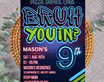 Neon 9th Birthday Invitation for Boy | Glow Party (Digital Download) PXHIM23