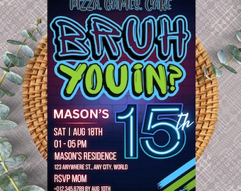 Faire-part 15e anniversaire garçon | Invitation Bruh You | Invitation soirée à thème néon | Fête lumineuse | Néons | Invitation ados PXHIM20