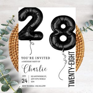 28. Geburtstag Minimalist Einladungskarte Elegant einfach Party einladen Kundengerechtes modernes Design-Schwarzweiss-Einladung PXHER49
