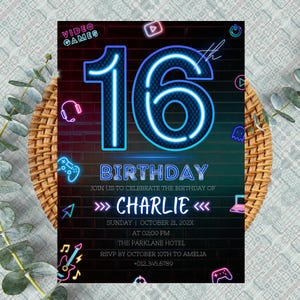 Einladung zum 16 Geburtstag Junge | Neon Mottoparty einladen | Glow Party | Neonröhren | Teenager Einladung | Bearbeitbarer Digitaler Download PXHIM17
