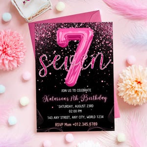 Bearbeitbare Einladungskarte zum 7. Geburtstag Pink und Schwarz Folie Pastell Glitter Siebter Geburtstag Spaß Einladen Glitzer Party Confetti Glitter PXHER06