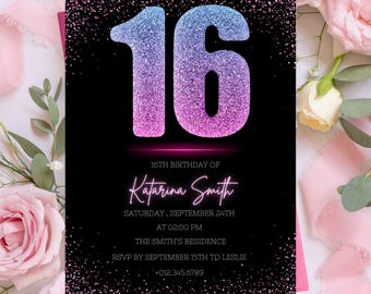 May include: A black and pink glitter birthday invitation with the number 16 in a pink and blue gradient. The invitation is for Katarina Smith's 16th birthday party on Saturday, September 24th at 2:00 PM at The Smith's Residence. RSVP by September 15th to Leslie at +012.345.6789.