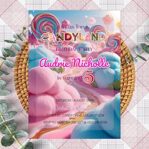 Invito di compleanno a tema Candyland, invito modificabile e stampabile per la festa di Candyland per ragazze, invito digitale a tema dolce caramella, compleanno PXHER44
