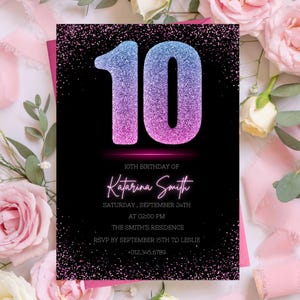 Bearbeitbare 10. Geburtstagseinladungskarte Zehnter Tag Mädchen 10. Tag Moderne Einladung Ten Neon Confetti Glitters Pink, Blau und Schwarz PXHER17