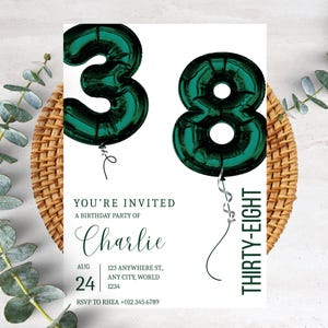 May include: A birthday party invitation featuring the number "38" in emerald green balloon shapes. The invitation includes the text "You're Invited" and details for Charlie's birthday party, including the date, time, and RSVP information.