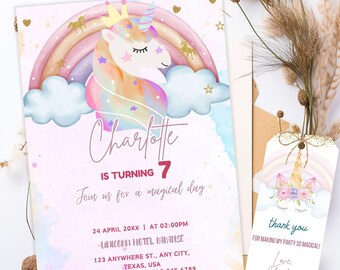May include: A pink and blue unicorn birthday invitation with a rainbow, clouds, and gold stars. The invitation says "Charlotte is turning 7. Join us for a magical day." The invitation also includes the date, time, and location of the party.